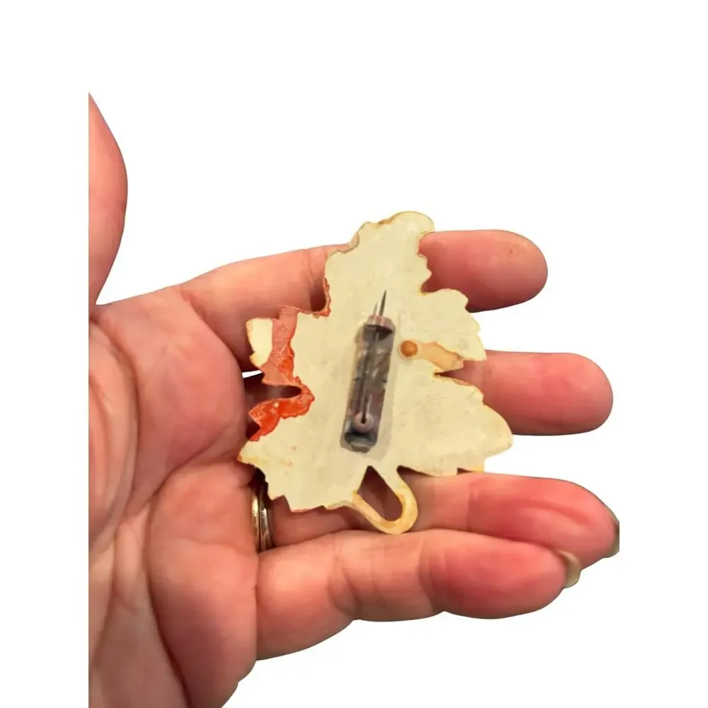 Art Deco Autumn Leaf Brooch Early Plastic Coral Cream C Clasp Long Pin